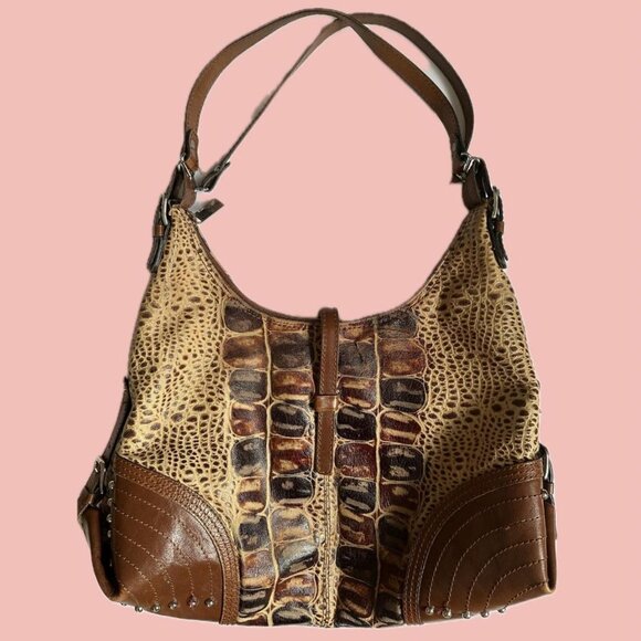 Y2K Croc Embossed Hobo Bag – Studded Brown Vintage - Picture 1 of 8